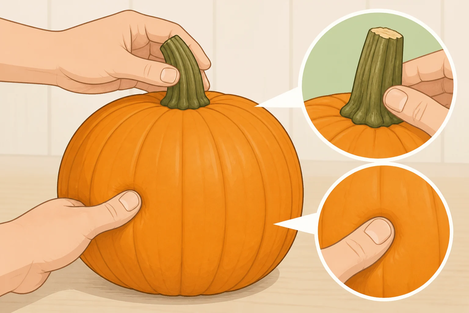 Close-up of how to check a pumpkin’s maturity by pressing a thumbnail into the rind and ensuring the stem is intact at checkout