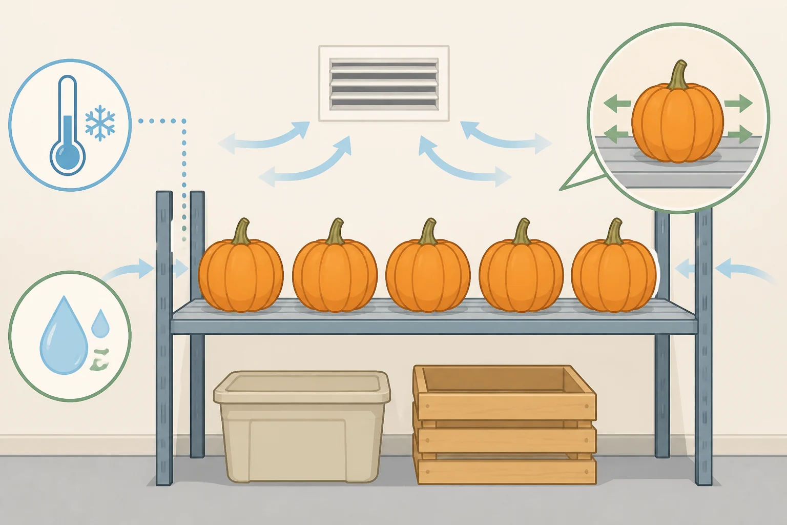 A simple storage diagram showing heirloom pumpkins kept single-layer on a shelf in a 50–55°F space with airflow and a thermometer to support how to make pumpkins last until Halloween