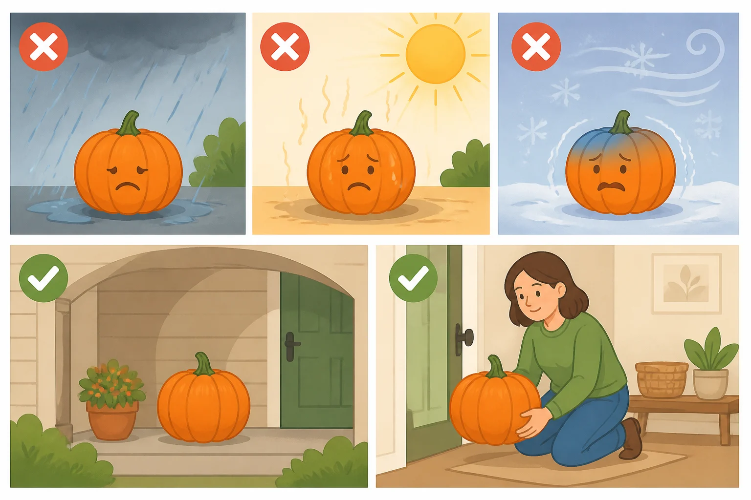 Illustration comparing a pumpkin in full sun and rain versus a covered, shaded entryway spot, with a note to bring it indoors before temperatures drop below 28°F