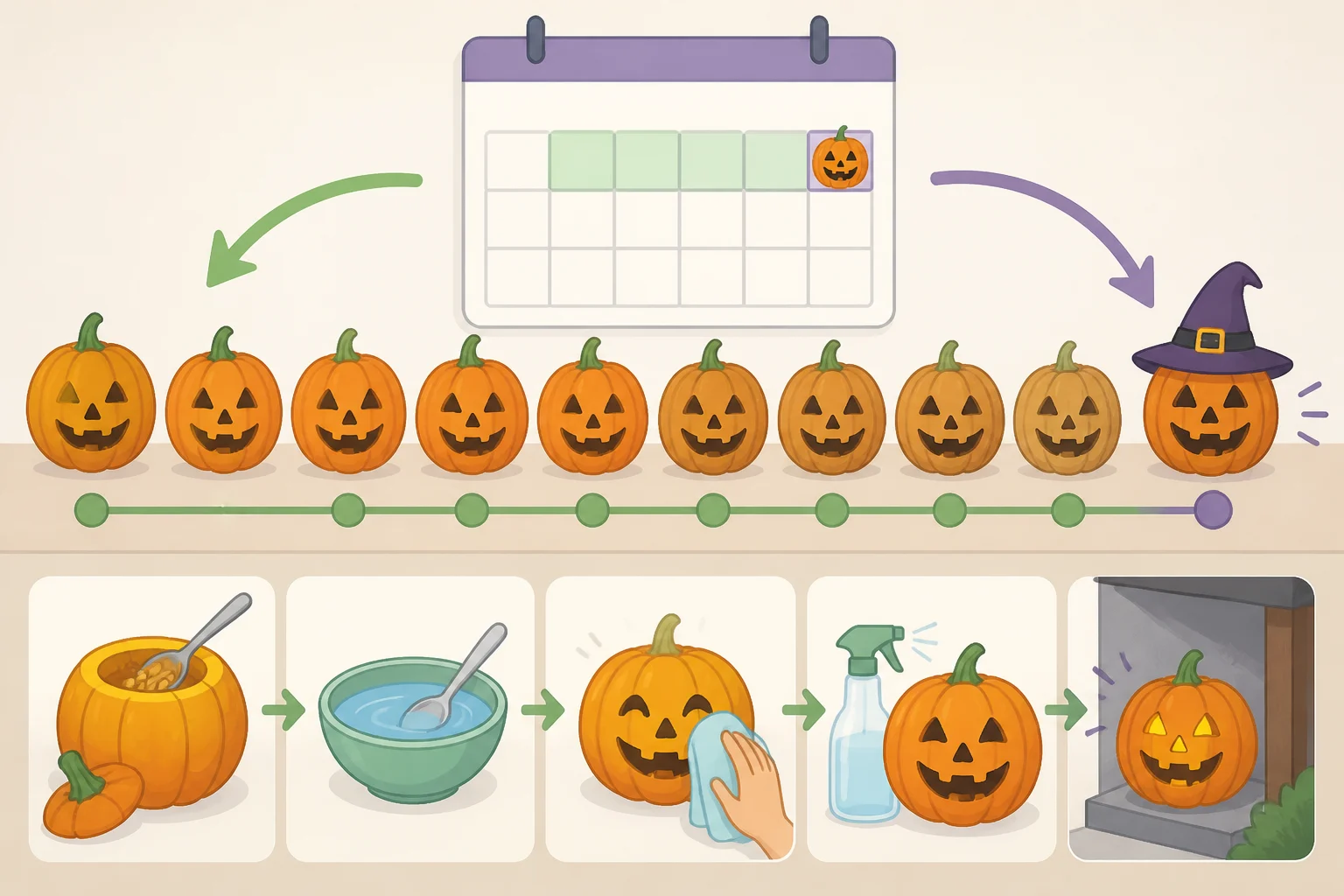 Calendar-style graphic showing when to carve between October 24 and October 27 to maintain the 8–11 day window for a jack-o'-lantern