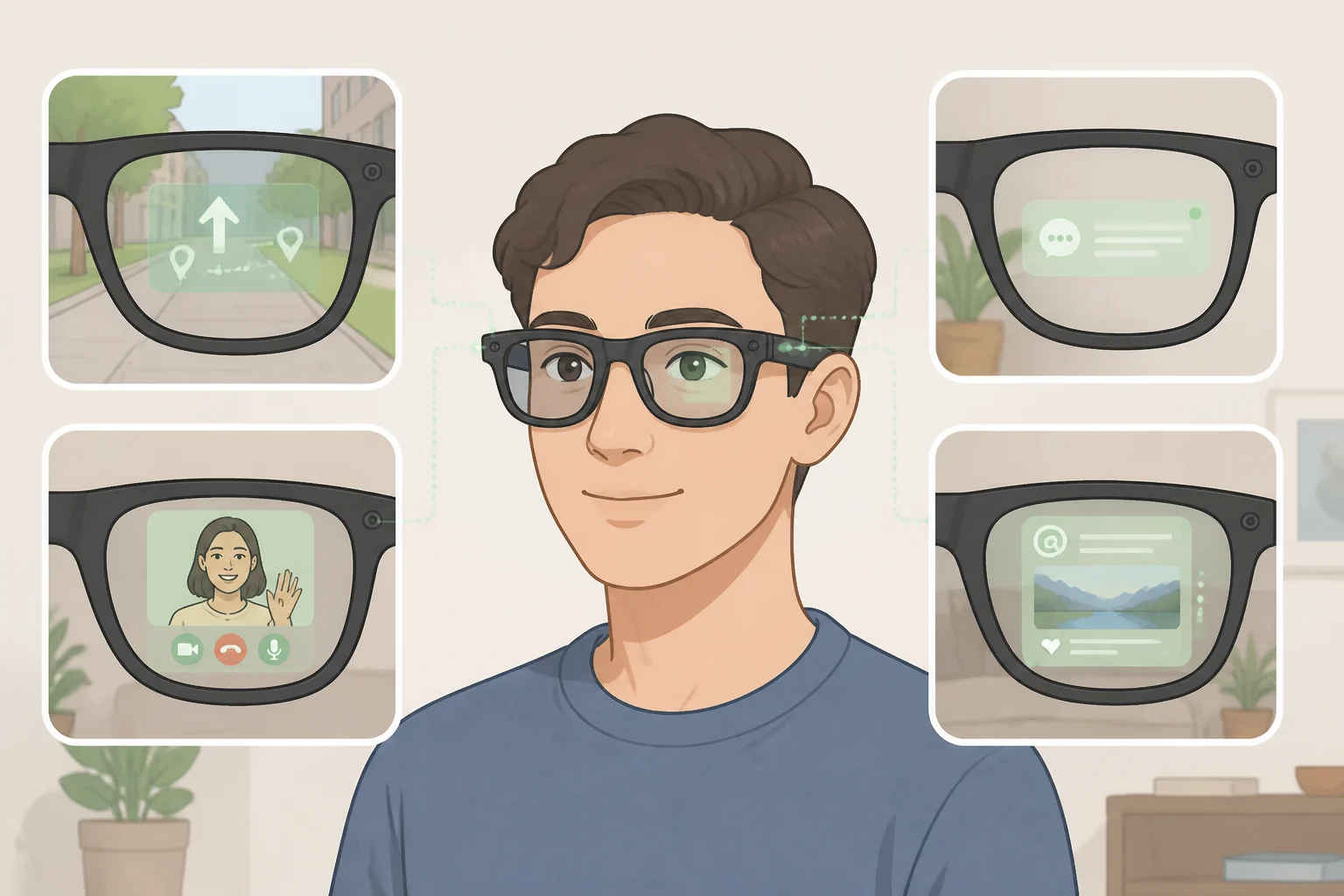 Meta Ray-Ban Display on a user’s face showing hands-free navigation, voice-driven Hologram call UI, mirrored phone notifications, and Threads community feed cards