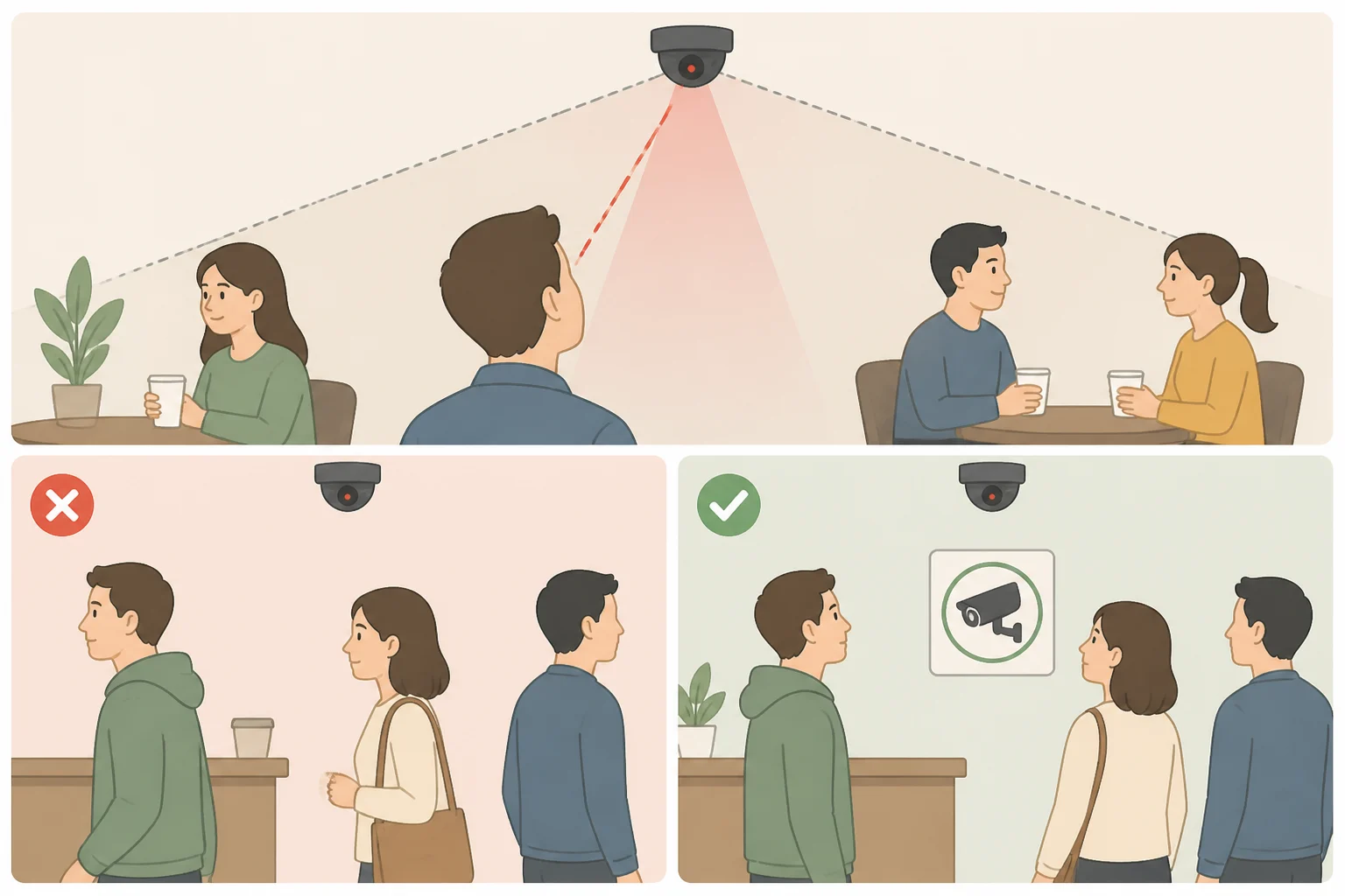 Illustration of bystanders noticing a small smart-glasses recording indicator light near a storefront sign discouraging recording