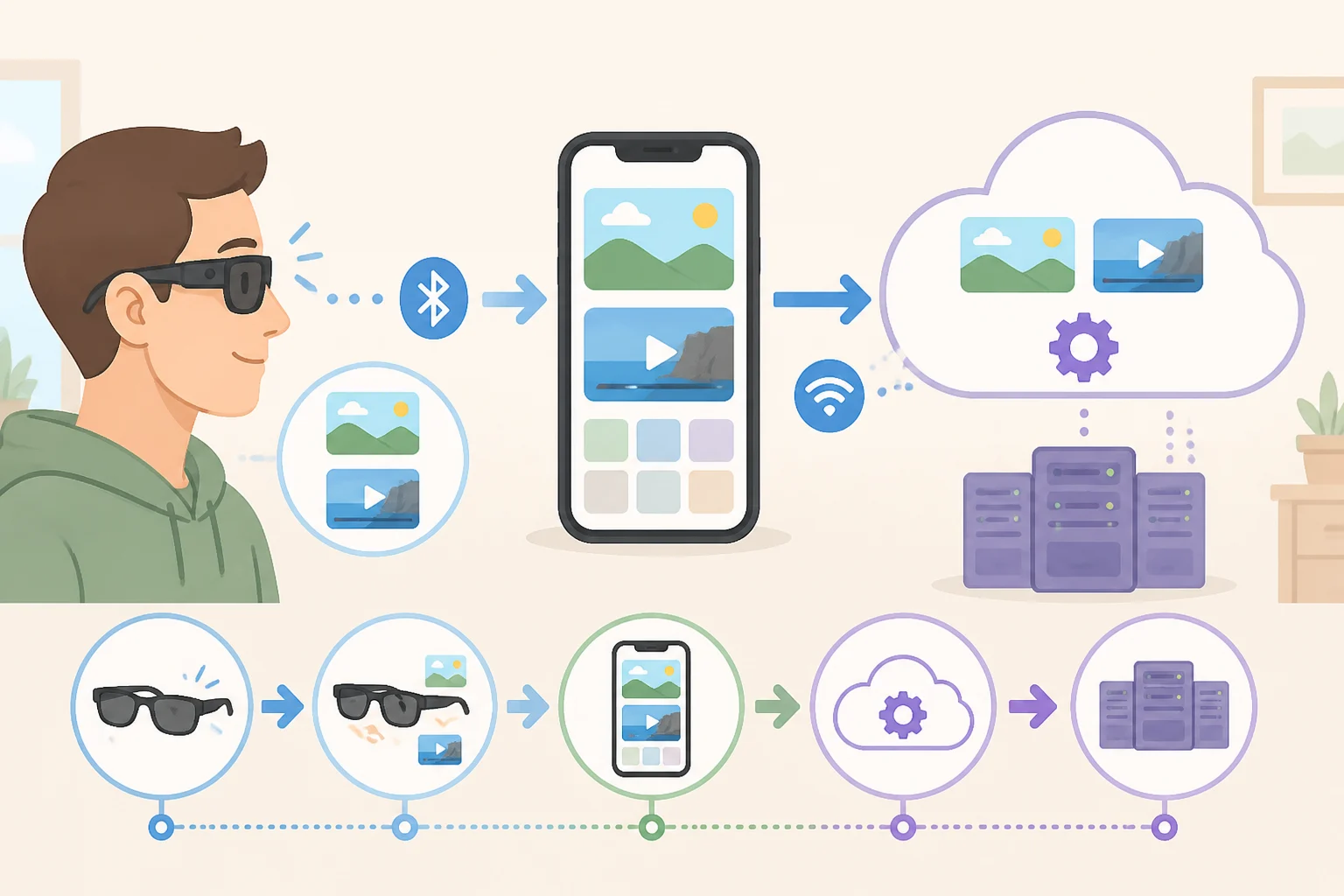 Flow diagram of Meta camera-free smart glasses data paths: photos and video import to the Meta AI companion app, with optional Cloud Media sending content to Meta servers for processing