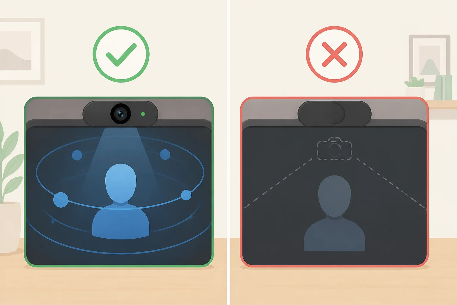 Illustration contrasting the Ray-Ban Display video capture announcement with a camera-free rumor, showing a “recording” cue and on-screen Dolby Atmos spatial video playback