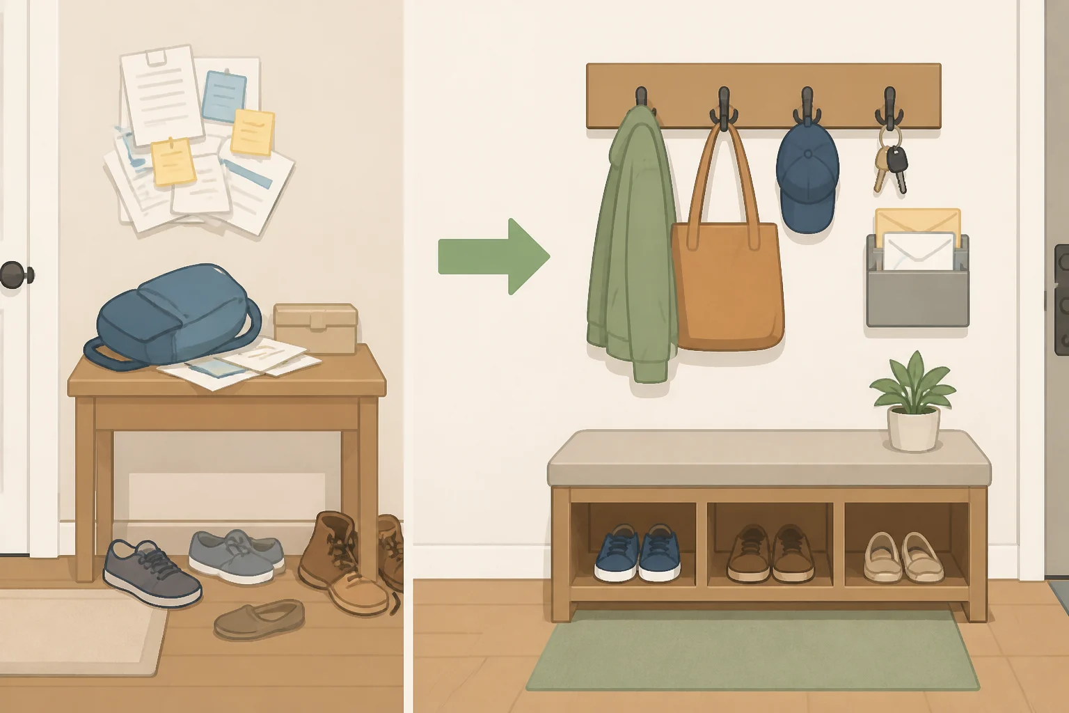 Illustration of an entryway hotspot redesigned as a behavior zone with hooks for backpacks, a contained shoe storage area, and a dedicated mail-and-school-papers spot