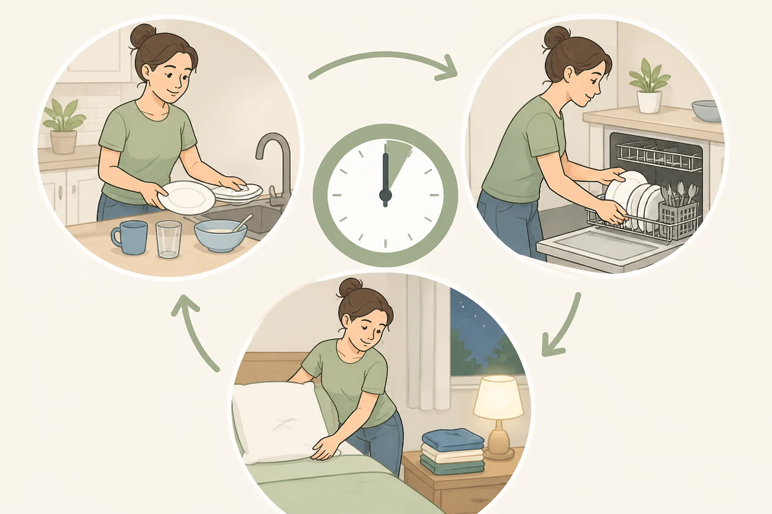 Illustration of a quick daily reset routineclearing the kitchen, starting the dishwasher, prepping the coffee maker, and laying out clothesto stop small messes from compounding