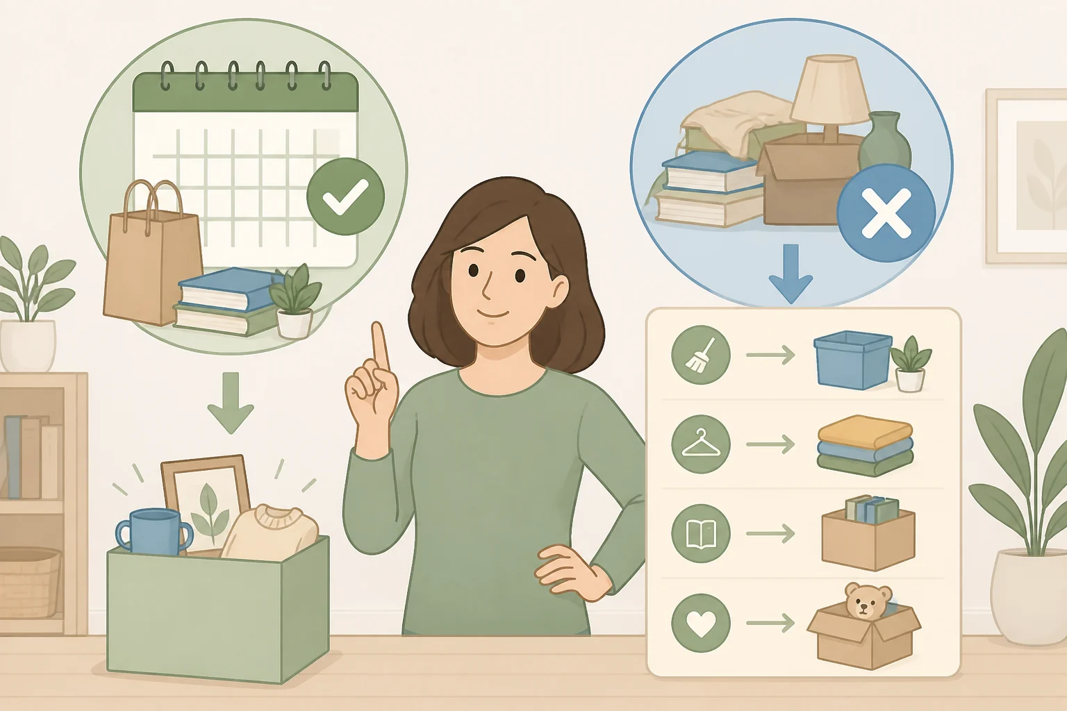 Illustration of a capped intake approach with a one-year limit tracker and scheduled weekly decluttering sessions to prevent new items from overwhelming available space