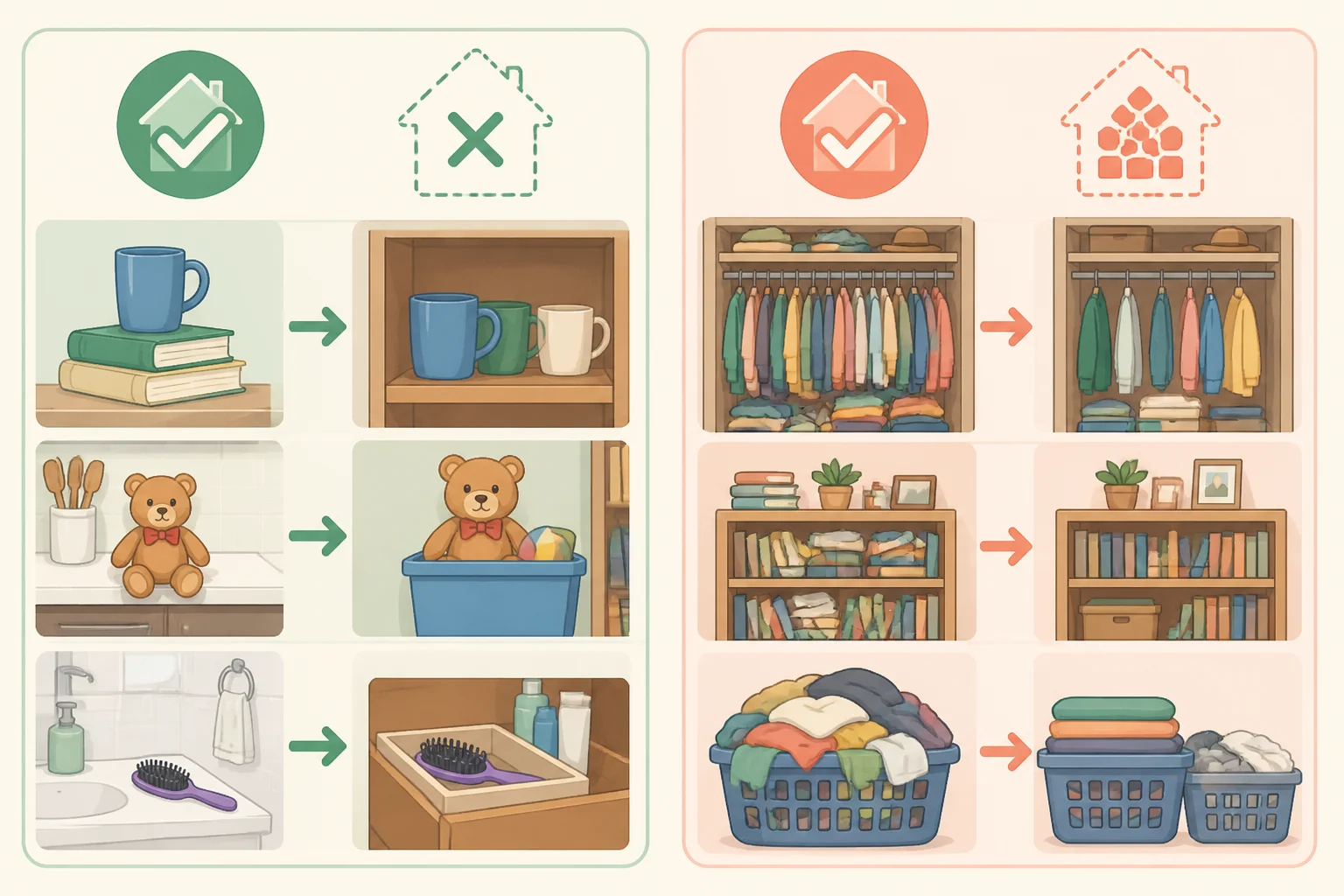 Diagnostic illustration comparing untidiness (items have a home but aren’t placed there) versus clutteredness (not enough space to store everything), helping explain how to prevent clutter from taking over your home
