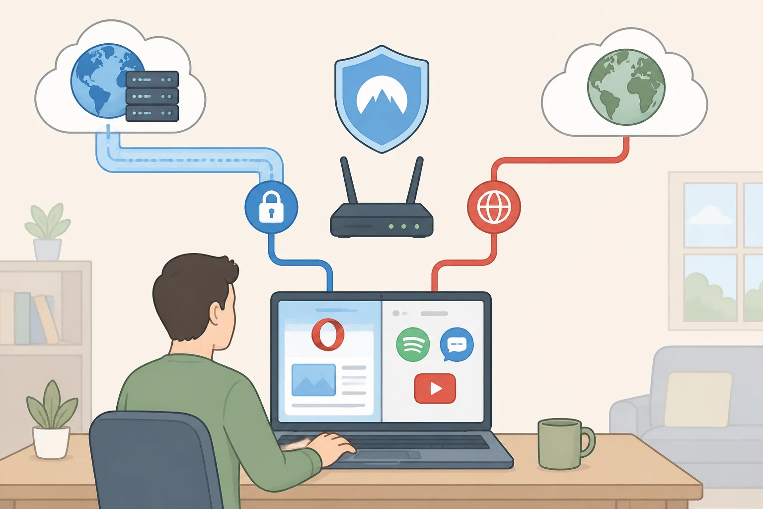 Illustration comparing Opera browser traffic going through a VPN tunnel versus Spotify, Steam, or a mail app using the regular connection on the same hotel Wi‑Fi