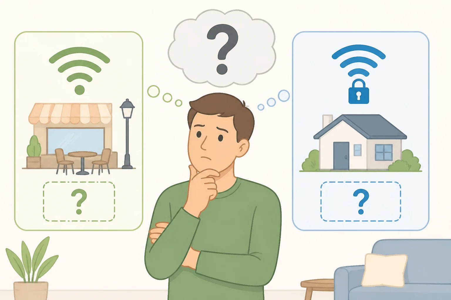 Infographic showing an airport and café Wi‑Fi networks with question marks over the criteria Opera uses to flag networks as public or unsecured