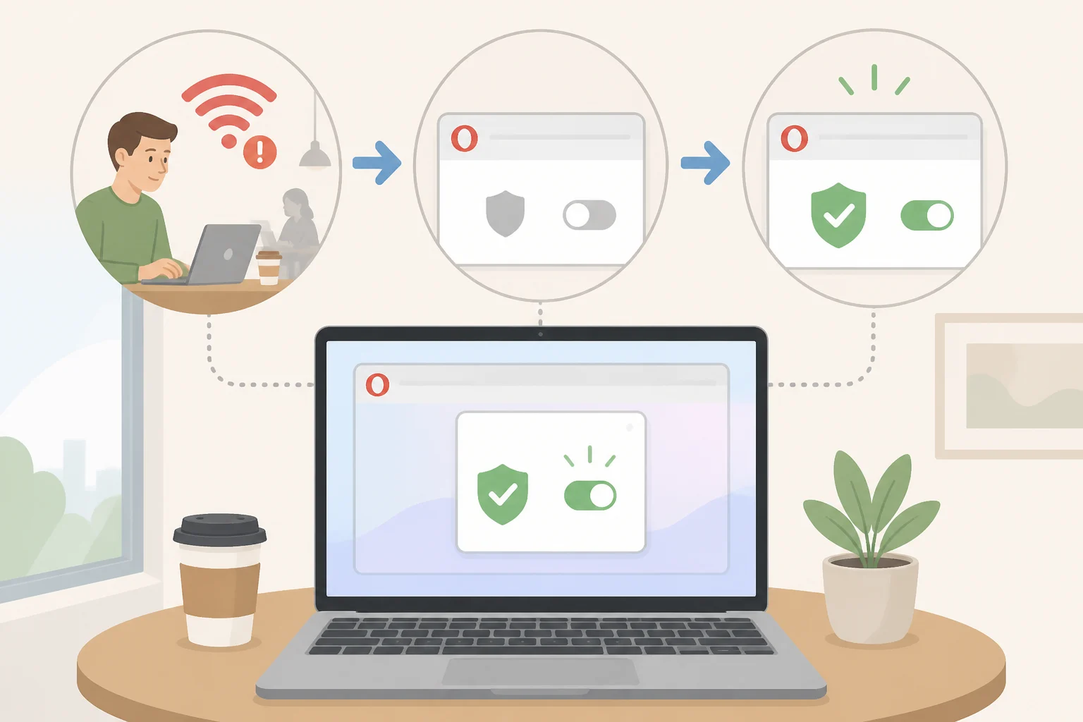 Diagram of Opera VPN automatic public Wi‑Fi detection: a laptop connects to public Wi‑Fi and Opera automatically enables the built-in VPN without clicking