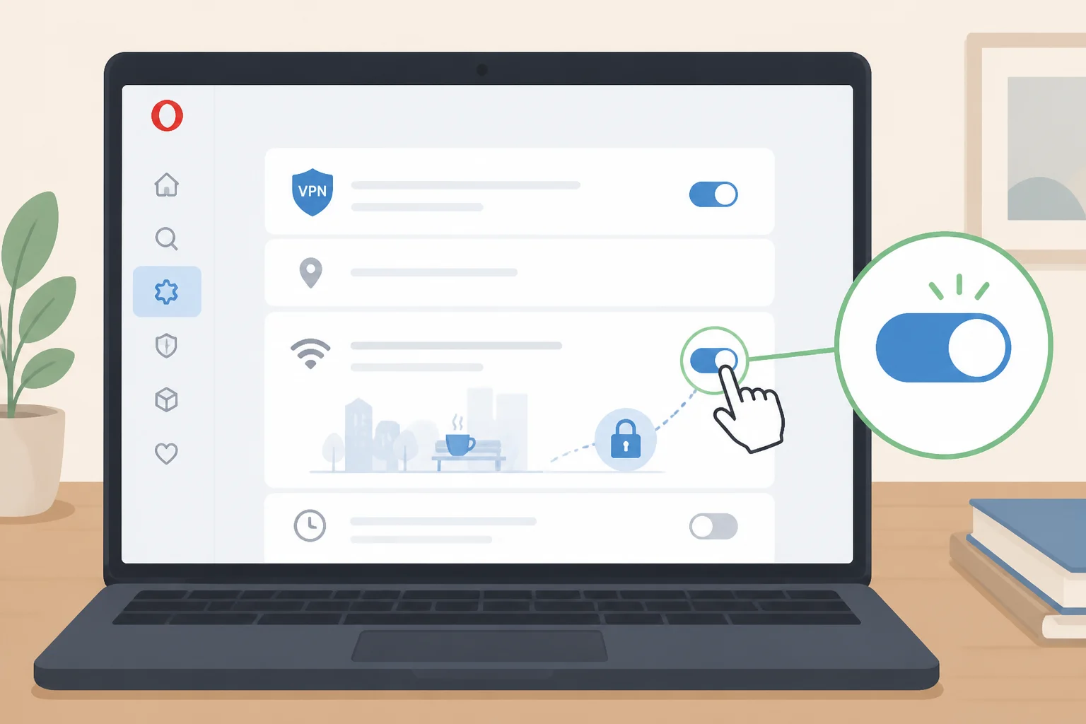 Screenshot-style graphic of Opera settings showing the VPN auto-connect (auto-activation) toggle turned on so the browser detects public Wi‑Fi