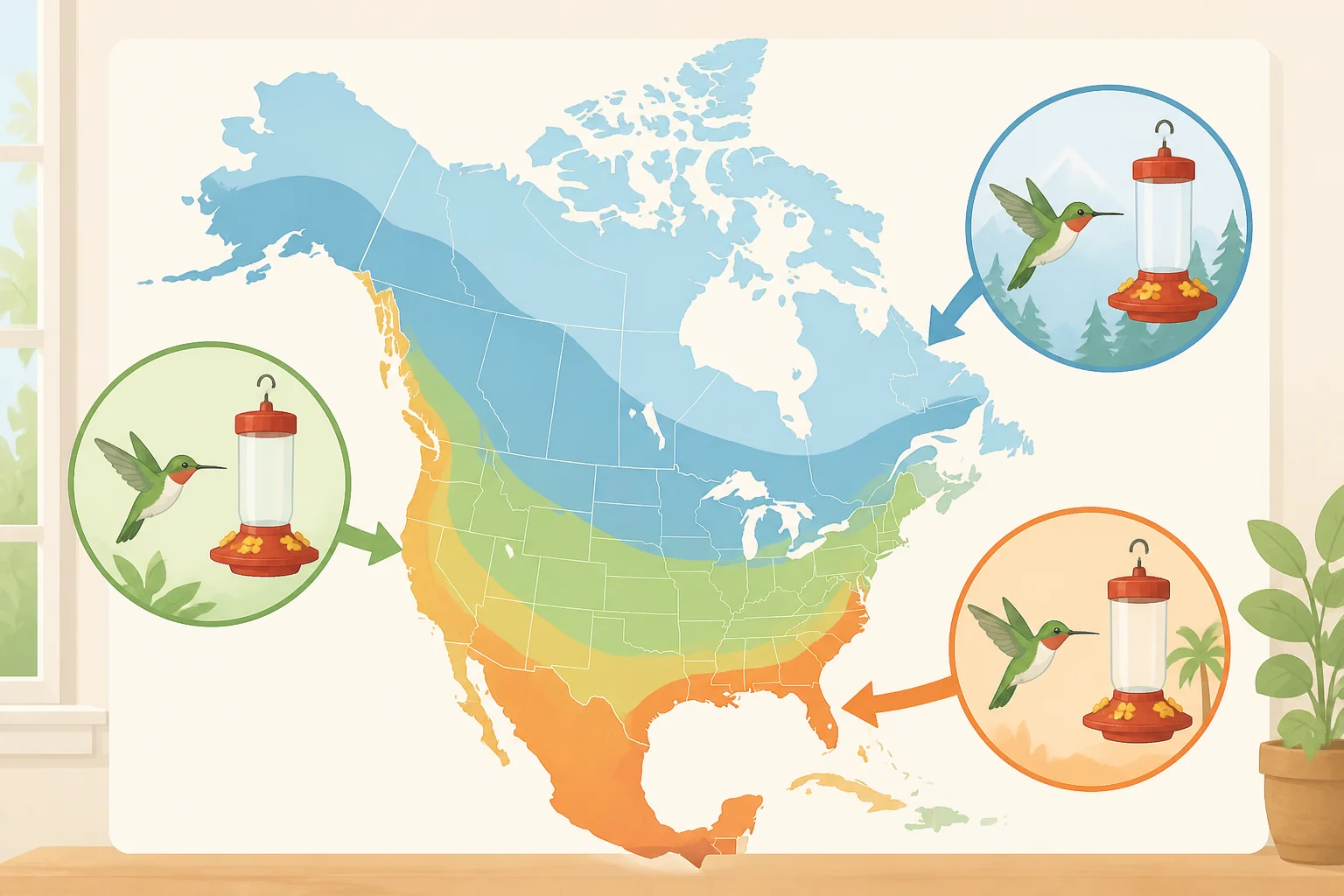 Regional guide for whether it's too late to put up a hummingbird feeder, highlighting northern breeding areas, overwintering Gulf Coast and southern Arizona regions, and year-round Pacific Coast ranges