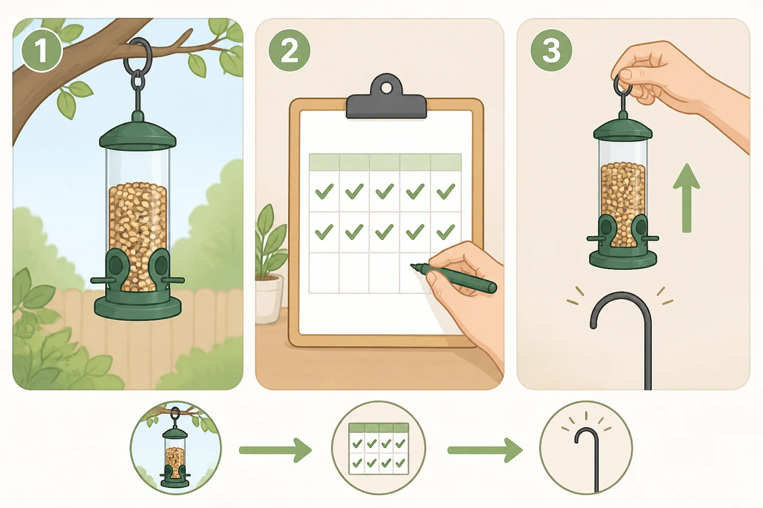 A yard checklist showing monitoring for hummingbird visits, then removing and storing the feeder for the season