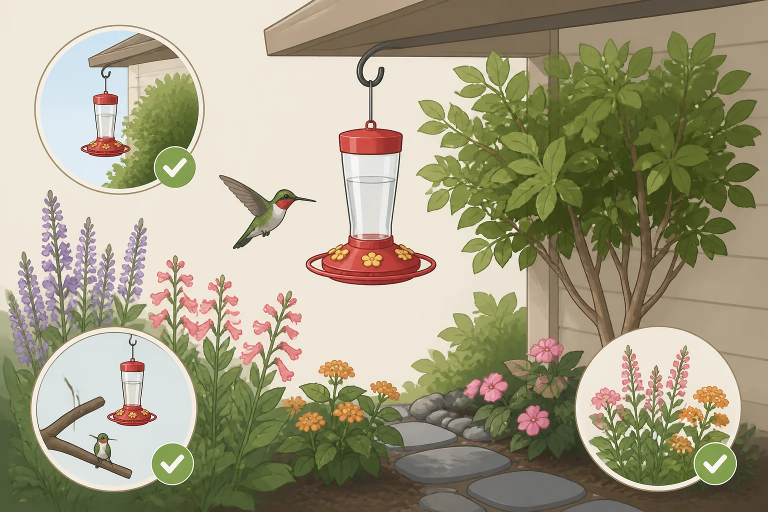A late-season hummingbird feeder placed in partial shade near perches and tubular red or orange flowers, showing a bird-friendly yard layout