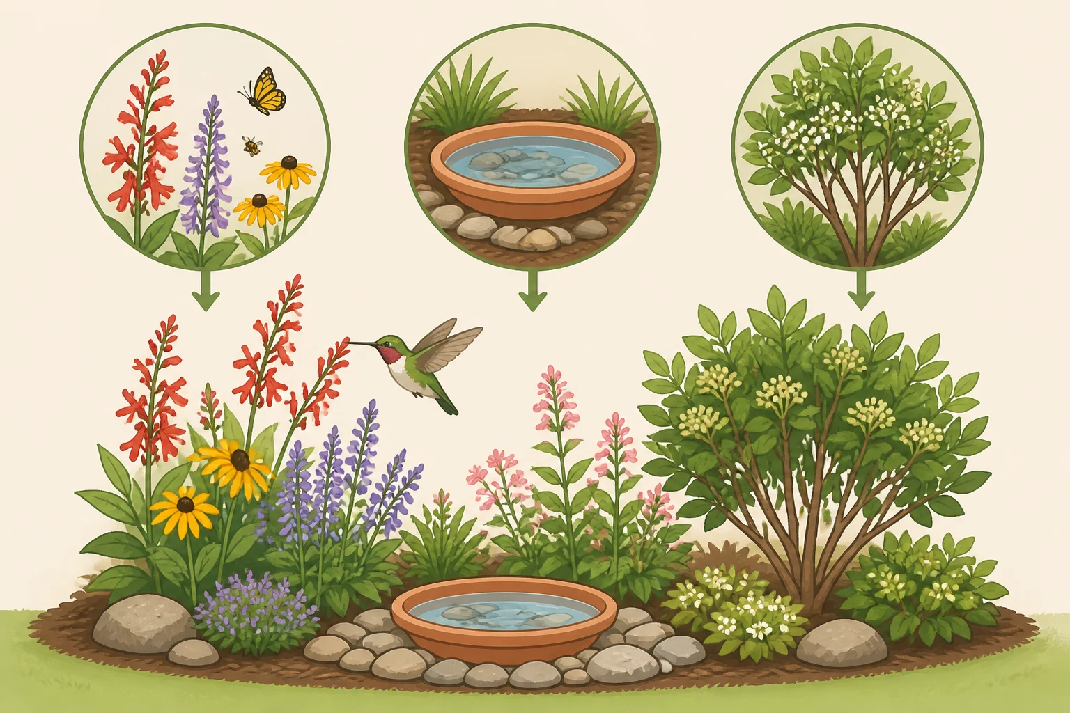 A hummingbird habitat scene with native flowering plants, a shallow water bath, and small deciduous trees and shrubs providing nesting, perching, and cover