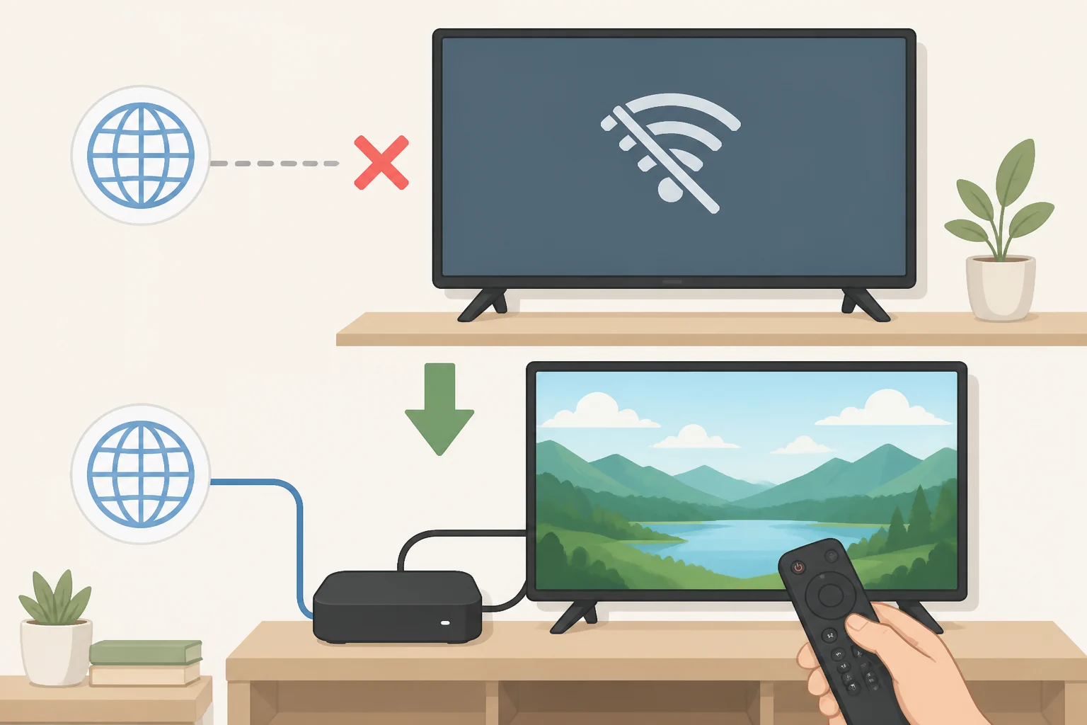 Illustration of an LG TV unplugged from Wi-Fi/Ethernet while an external streaming box handles Netflix or YouTube playback to avoid TV-level network tracking
