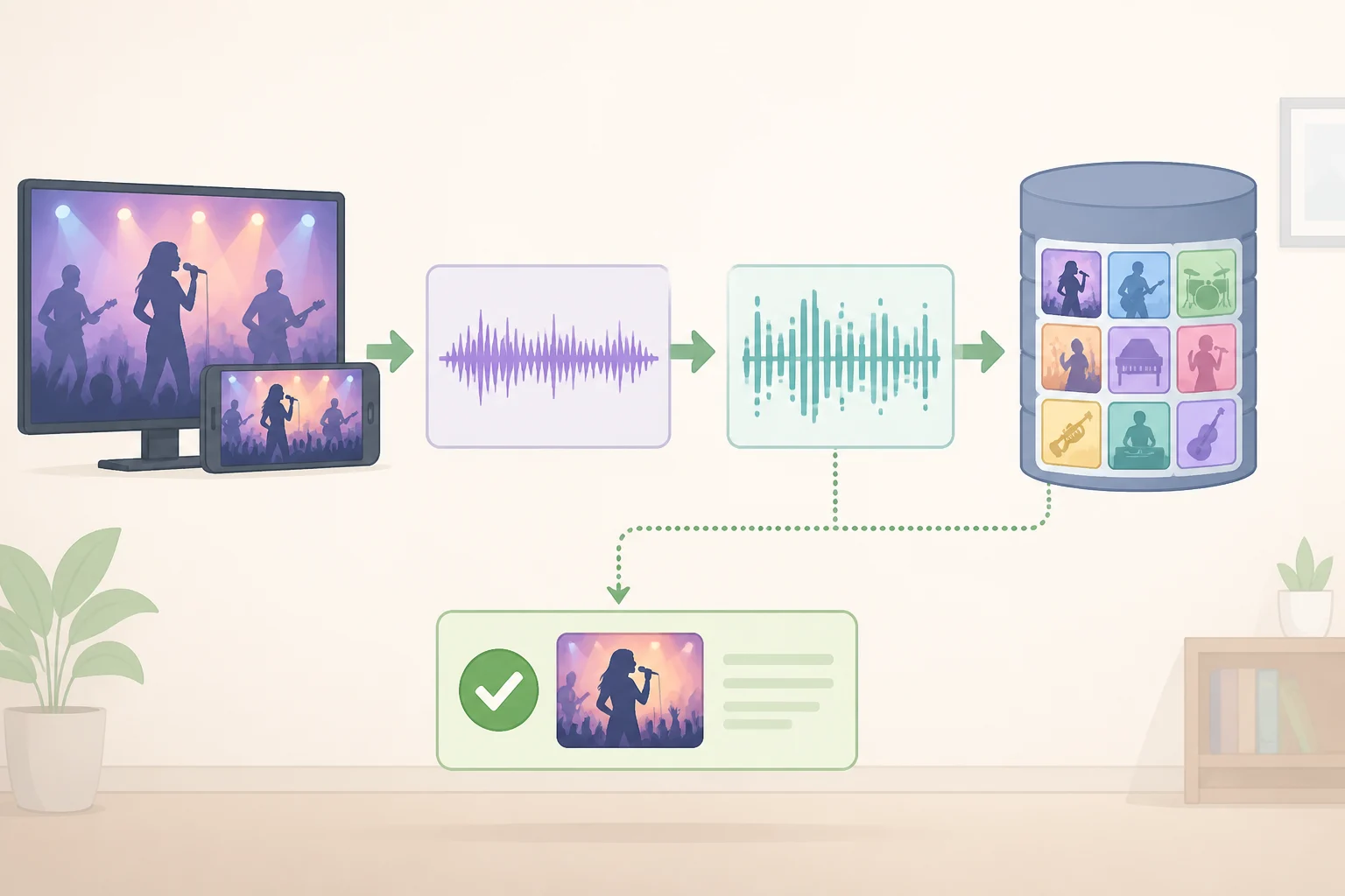 Diagram showing LG Automatic Content Recognition (ACR) taking audio or video snippets, creating a digital fingerprint, and matching it against a reference database to identify what is playing