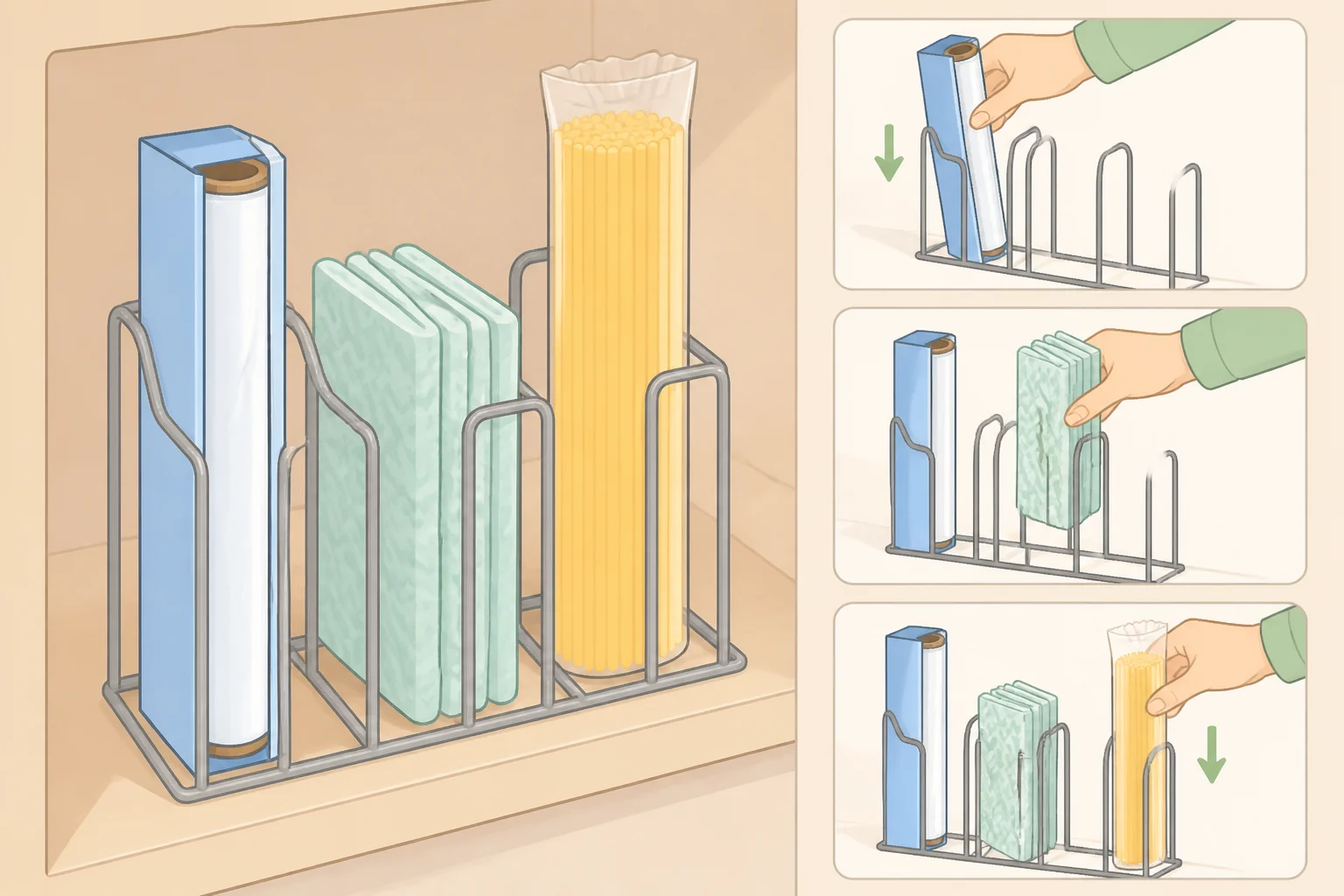 Plastic wrap, folded hand towels, and a box of dry spaghetti stored in the vertical wire rack slots on the inside of a cabinet door