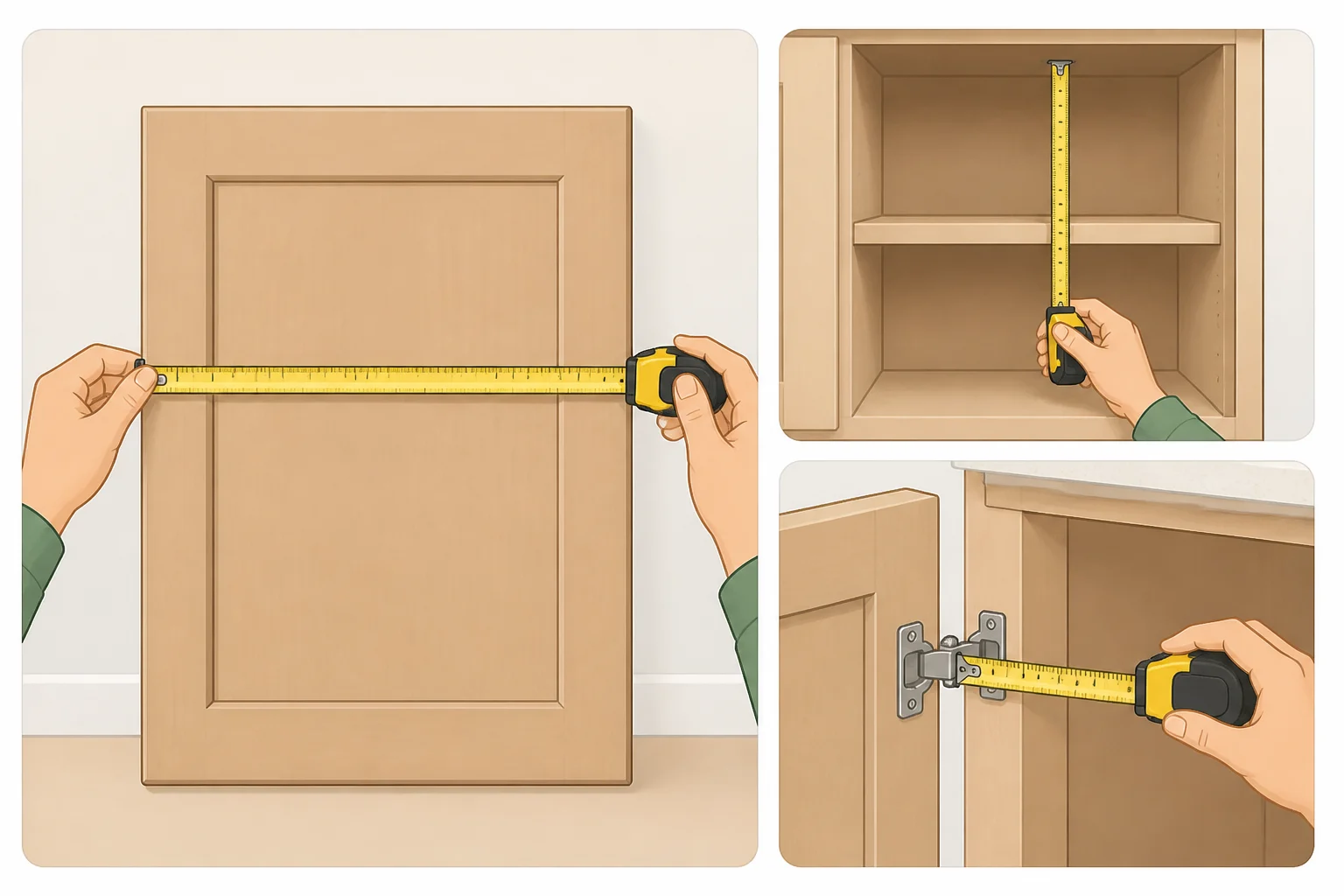Tape measure measuring the usable flat width of a lower cabinet door and noting shelf and hinge clearance for the Dollar Tree kitchen cabinet door storage hack