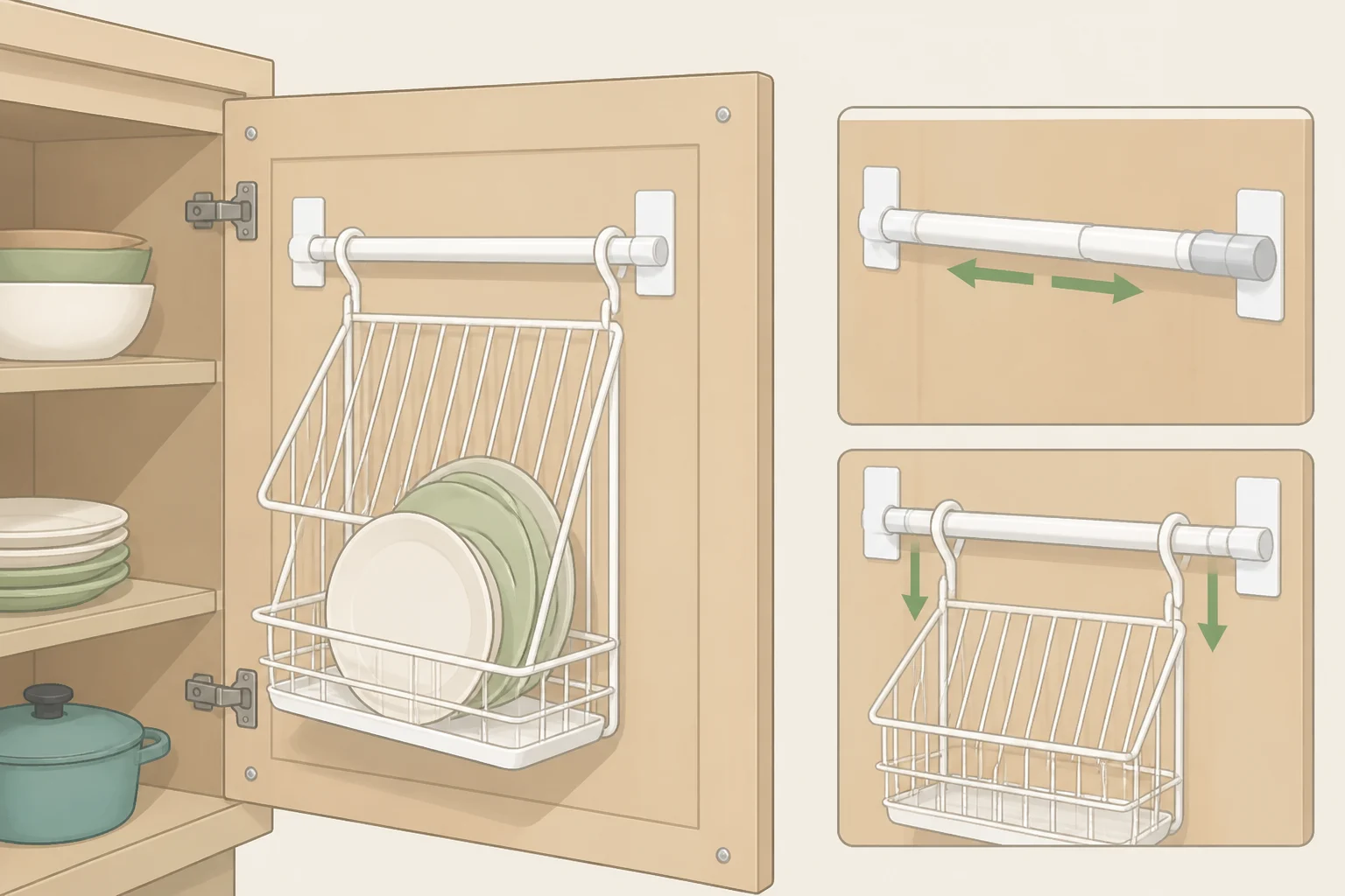 Adjustable over-the-counter towel bar mounted across the inside of a lower cabinet door with an Essentials wire dish rack hooked over the bar