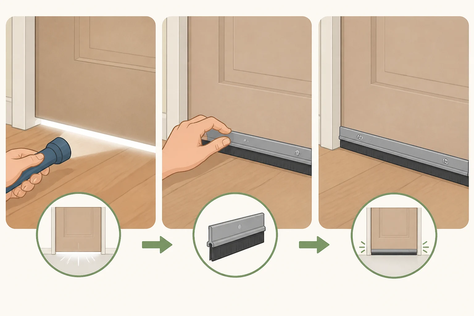 Illustration of an exterior entry door with a flashlight checking for daylight around the edges and weather stripping plus a door sweep installed to block stink bug entry