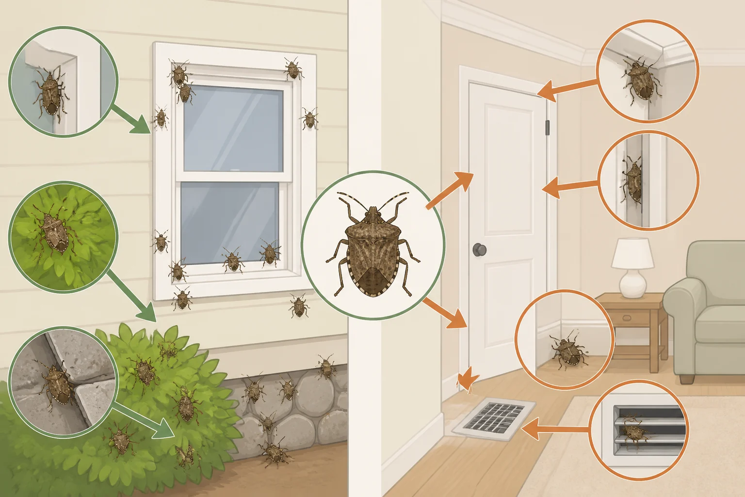 Photo showing brown marmorated stink bugs clustered on exterior siding near a window and arrows pointing to typical indoor emergence gaps like cracks at baseboards and around window and door trim, useful for how to keep stink bugs out of your house in fall