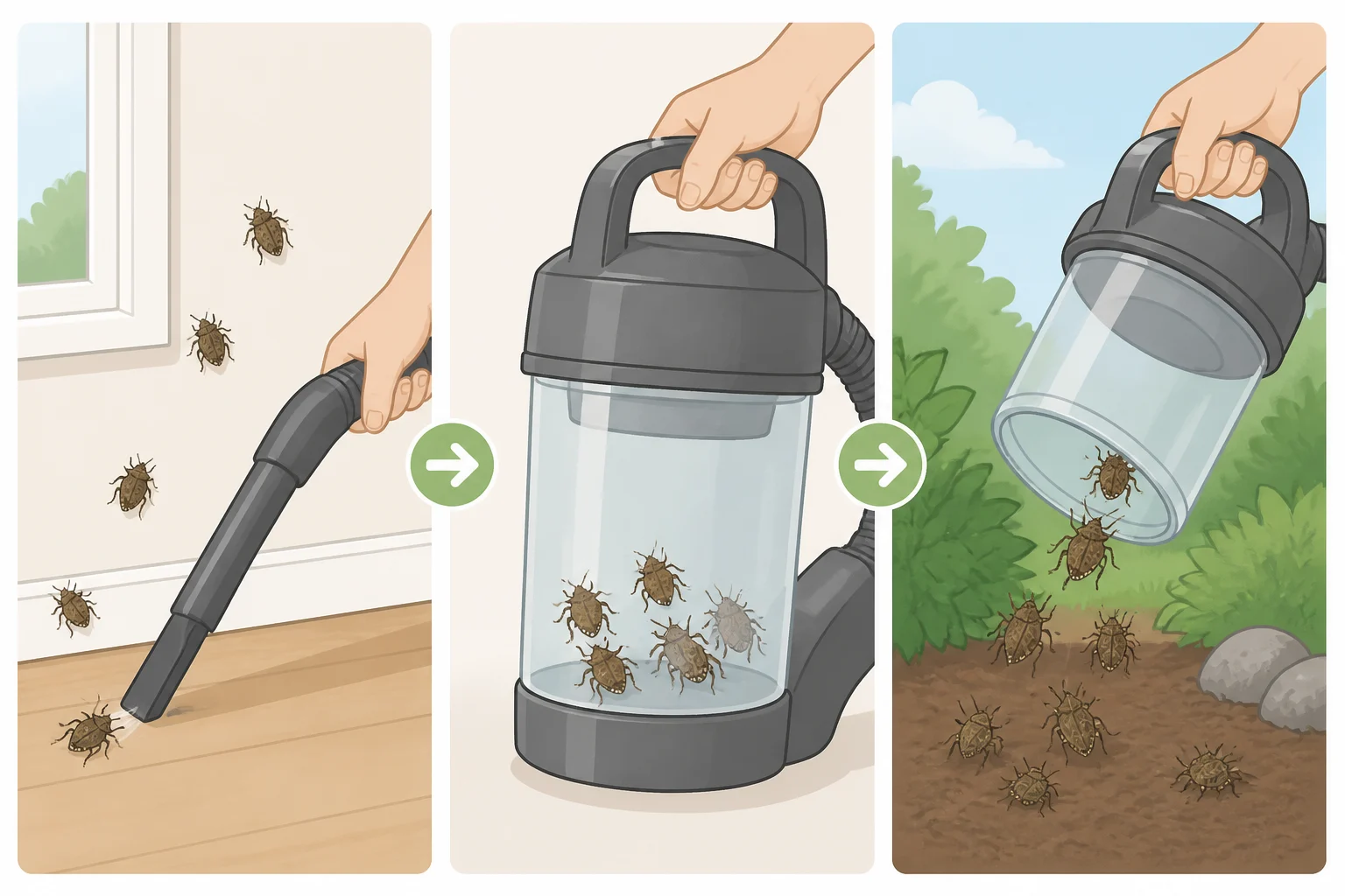 Illustration of a homeowner vacuuming brown marmorated stink bugs from the floor and then emptying the vacuum canister into an outdoor trash receptacle instead of crushing the insects