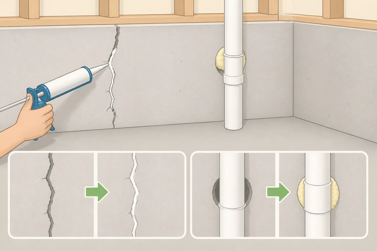 Diagram of a foundation wall with sealed cracks and caulked gaps around plumbing pipe penetrations, with larger openings packed with steel wool before caulking
