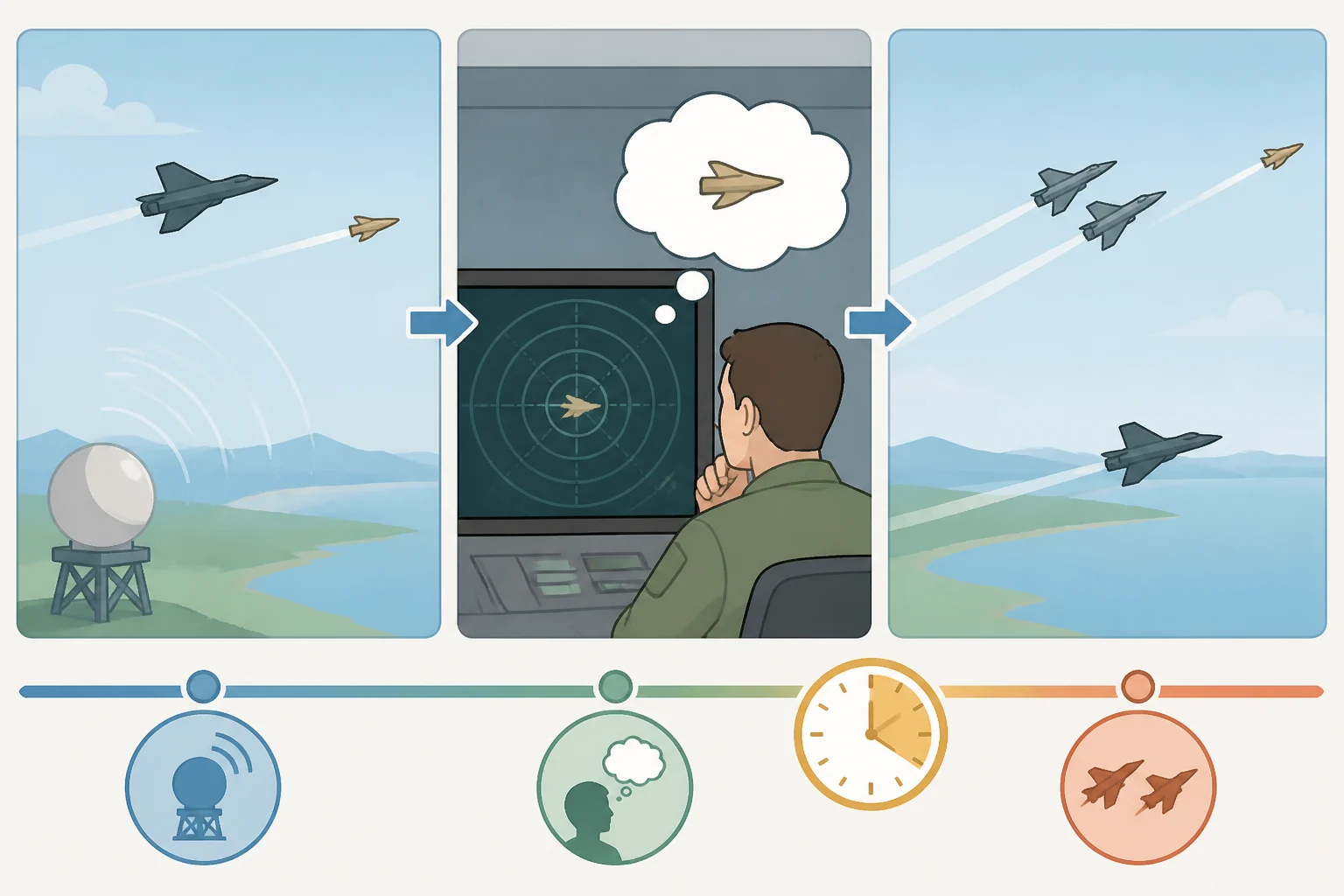 Timeline illustration showing a decoy being detected and challenged late—after it has already redirected interceptors and created a window for the rest of the strike