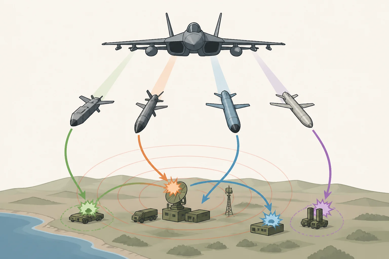 Map-style illustration of an aircraft strike package where an ADM-160 MALD decoy is released to complicate radar behavior before follow-on Storm Shadow/SCALP and AGM-88 HARM weapons act
