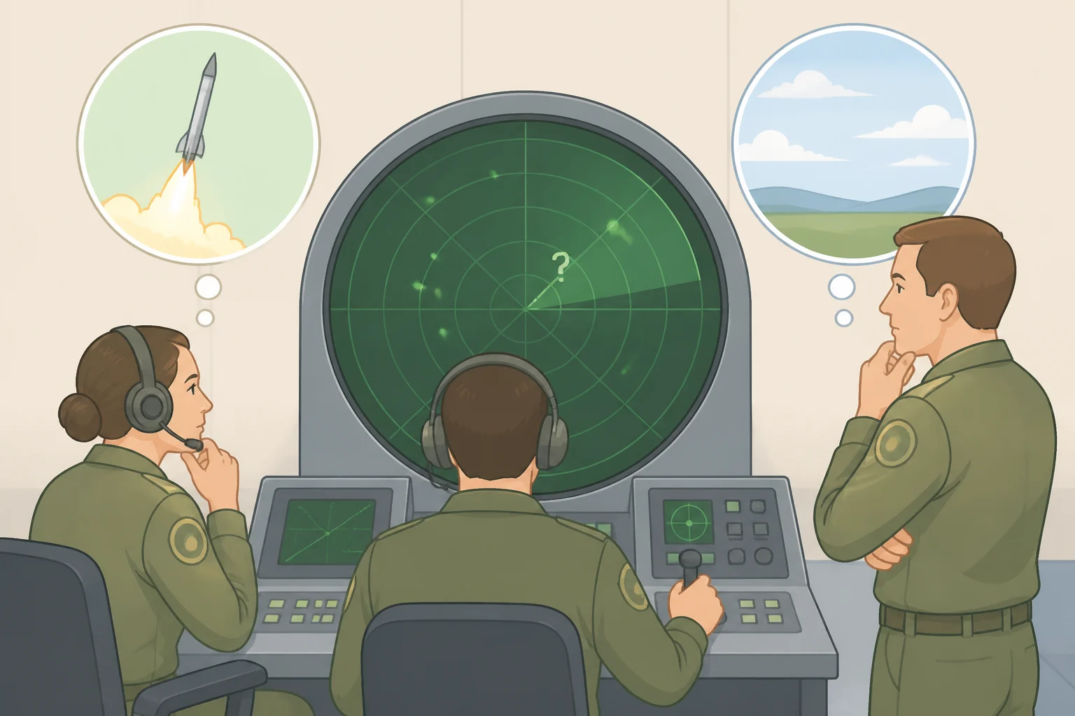 Infographic of an air-defense control room with radar tracks labeled as ambiguous contacts, illustrating the costly choice between firing an interceptor or holding fire