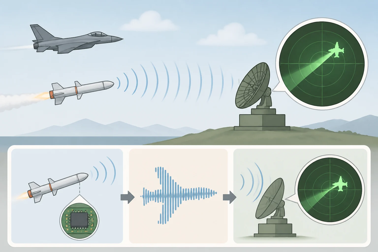 Diagram of the ADM-160 MALD decoy drone flying a programmed route while its Signature Augmentation Subsystem alters radar returns to resemble a different aircraft