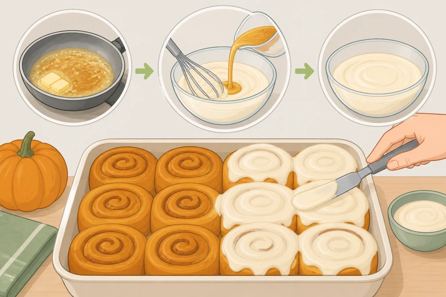 Brown butter cream cheese frosting spread over freshly baked pumpkin cinnamon rolls after the oven bake, for a pumpkin cinnamon rolls recipe finish