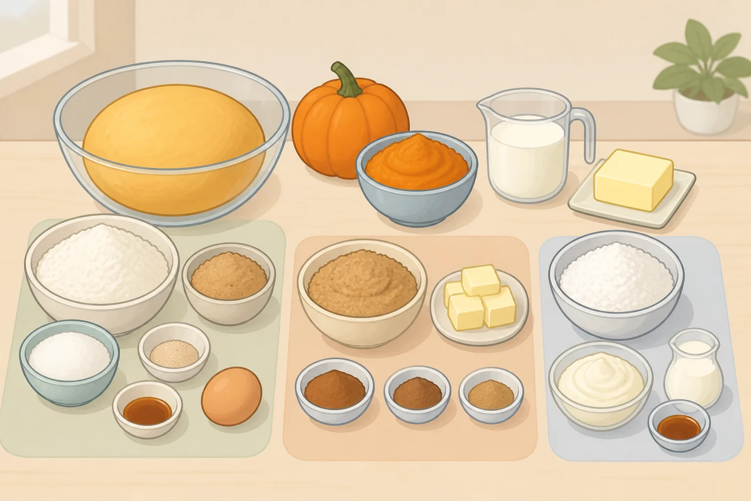 Grouped ingredients for a pumpkin cinnamon rolls recipe: warmed milk, yeast, pumpkin puree, brown sugar and spices, and cream cheese for the browned butter frosting