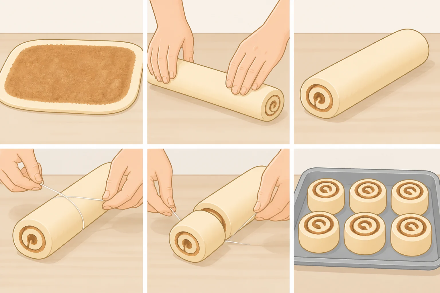 Step-by-step roll and cut of a pumpkin cinnamon rolls recipe: dough rolled into an 18×12 rectangle, filled with cinnamon sugar, then sliced into 12 equal rolls using unflavored dental floss