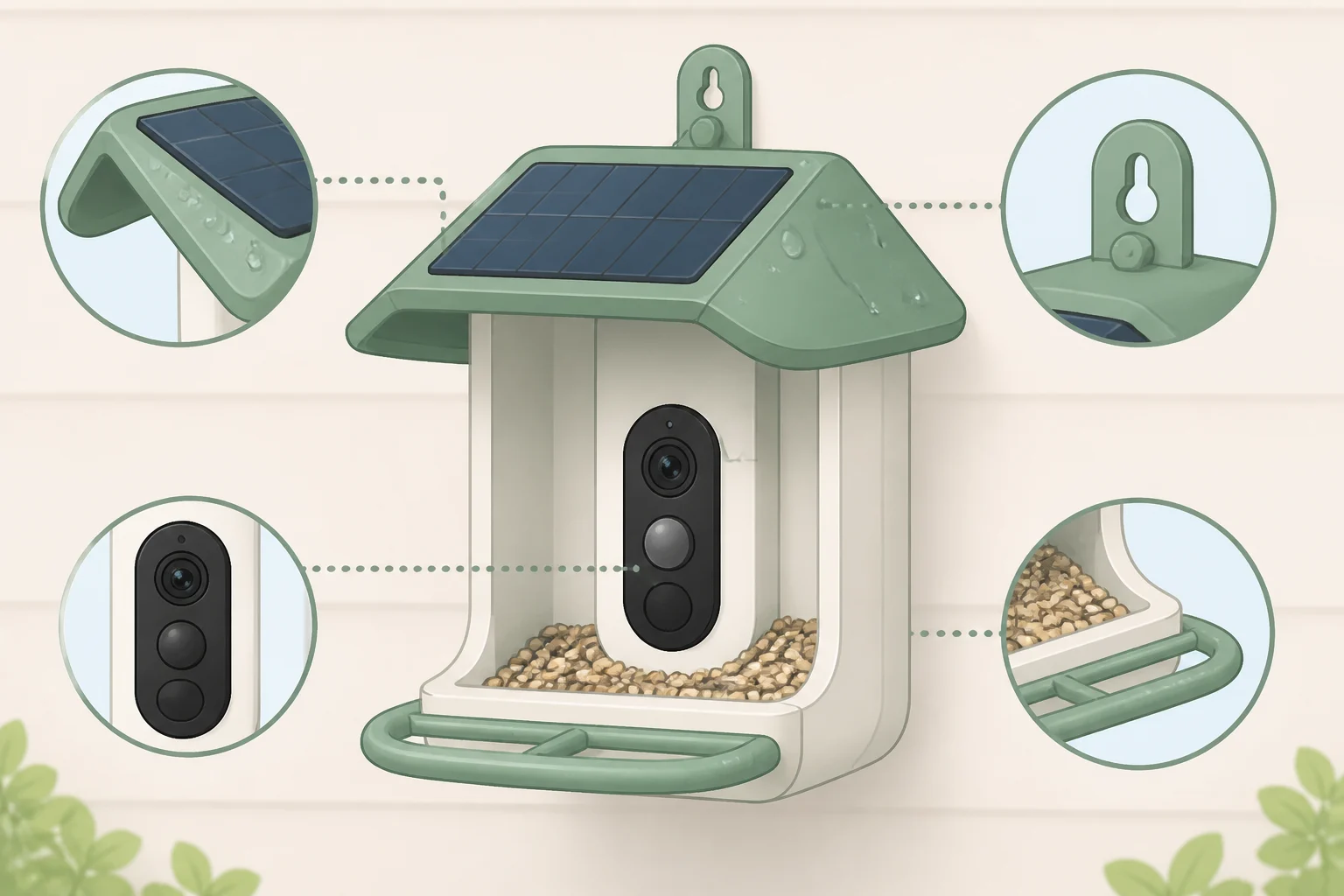 Bird Buddy 2 hanging feeder hardware with a Gorilla Glass camera housing, integrated solar roof, and IP67 weatherproof body