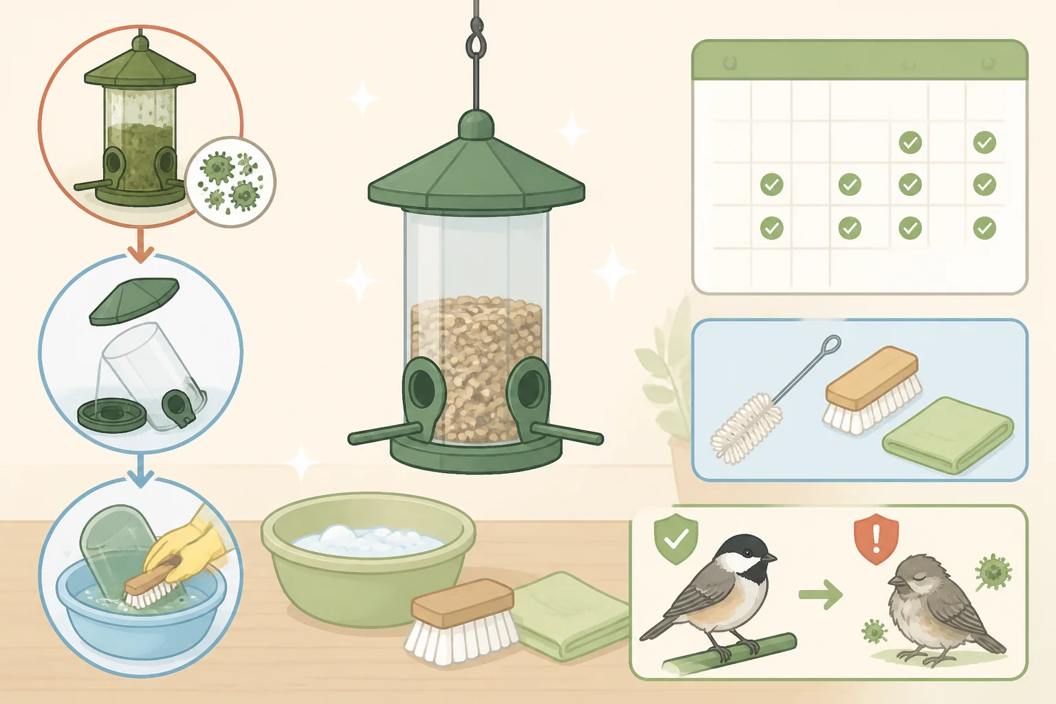 Bird feeder maintenance checklist showing recommended cleaning frequency and tools to keep a smart feeder sanitary for Bird Buddy 2 ownership