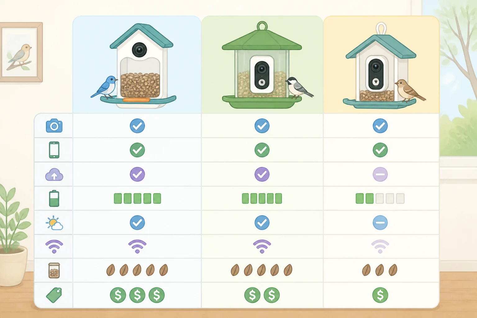 Comparison table layout for a Bird Buddy 2 review showing pricing, confirmed video settings, subscription status, and connectivity for competing smart bird feeders