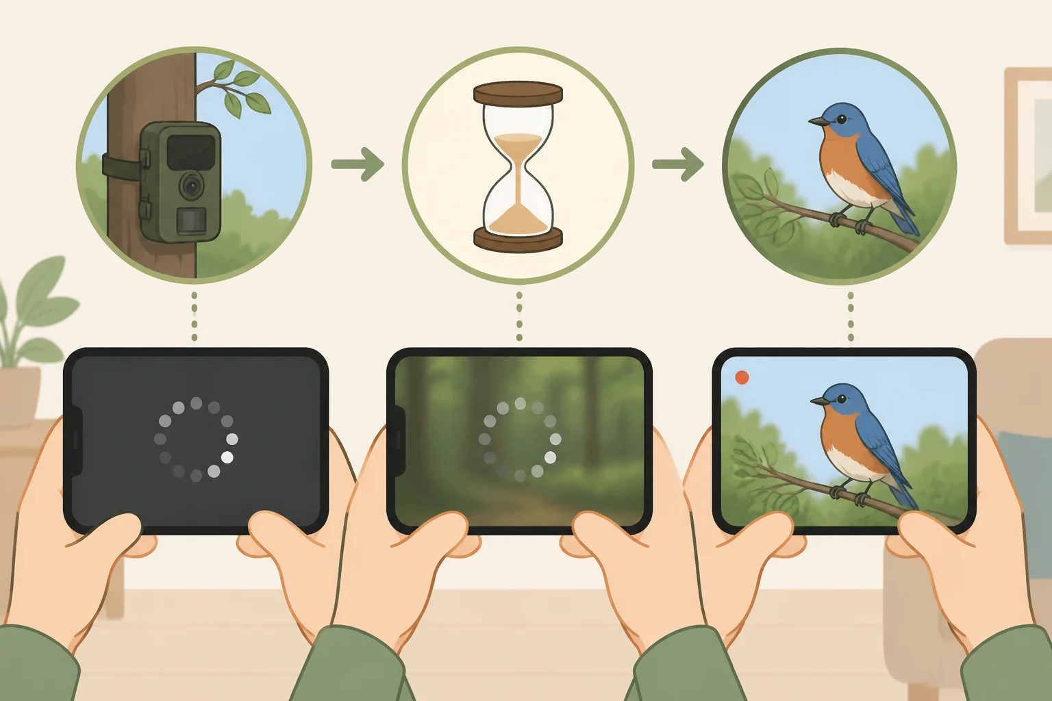 Screenshot-style visual of Bird Buddy 2 live view taking more than 20 seconds to load while a bird arrives at the feeder