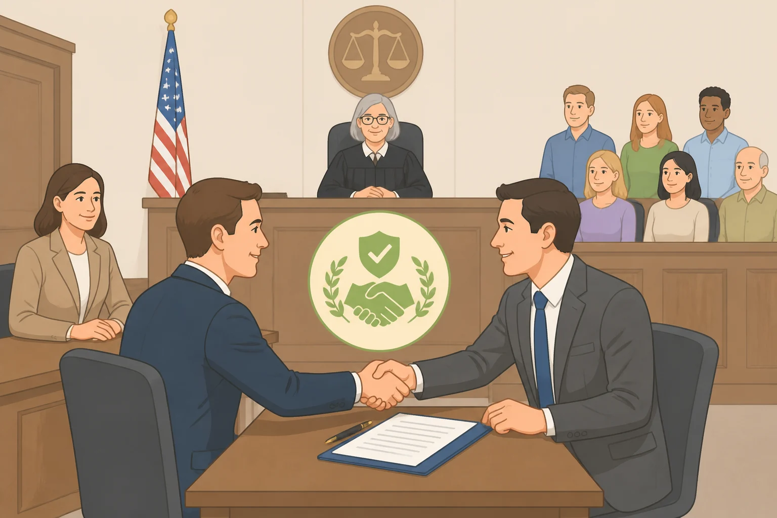 Illustration of a courtroom where a judge and jury are replaced by a settlement document stamped “resolved,” explaining how the TikTok Alabama child safety settlement ended the case before trial
