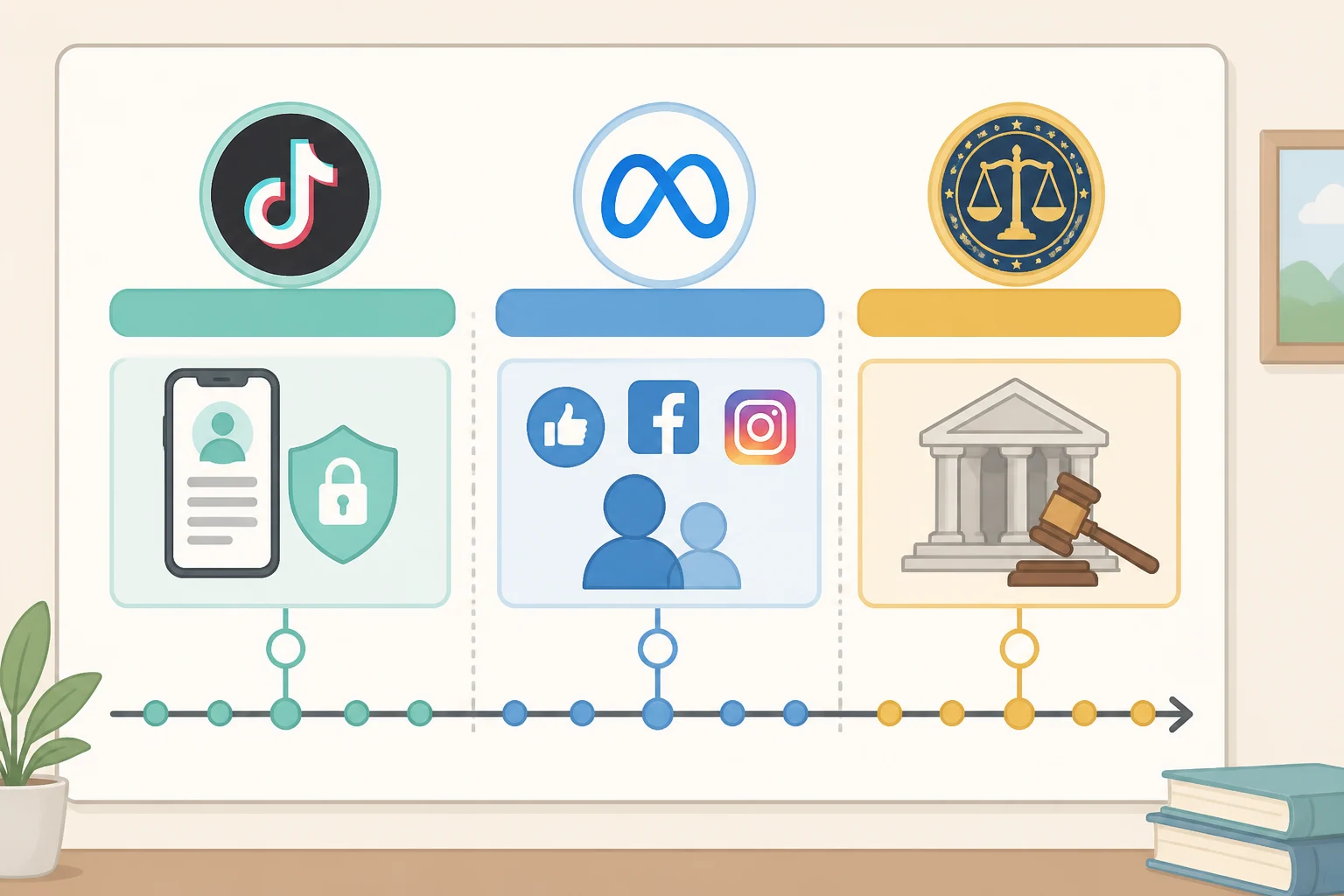Illustration timeline showing the DOJ, Meta, and Alabama actions with separate icons to emphasize that the TikTok and Meta settlements involve different alleged harms and remedies