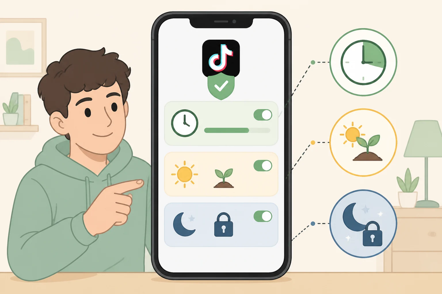 Illustration of a TikTok interface showing a 2-hour daily time cap, timed “productive pause” pop-ups, and restricted hours from midnight to 6 a.m. for teen accounts