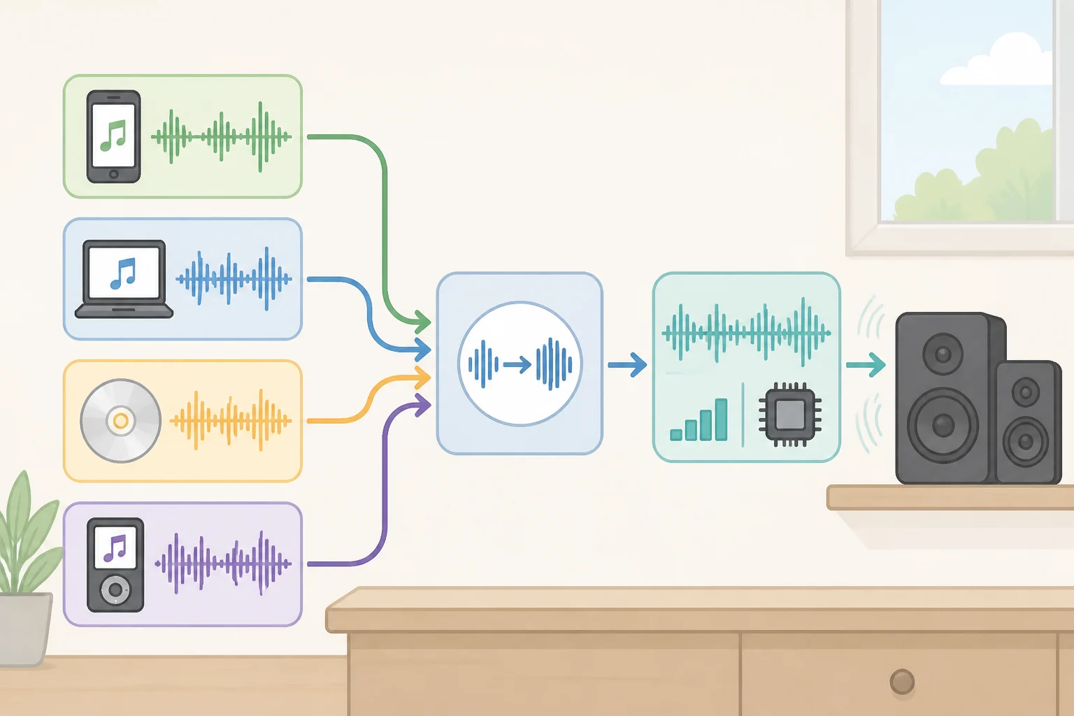 Flow chart explaining how Bose USB-C wired earbuds accept varying audio bitrates over USB Audio Class 2 and output fixed 24-bit/48kHz audio