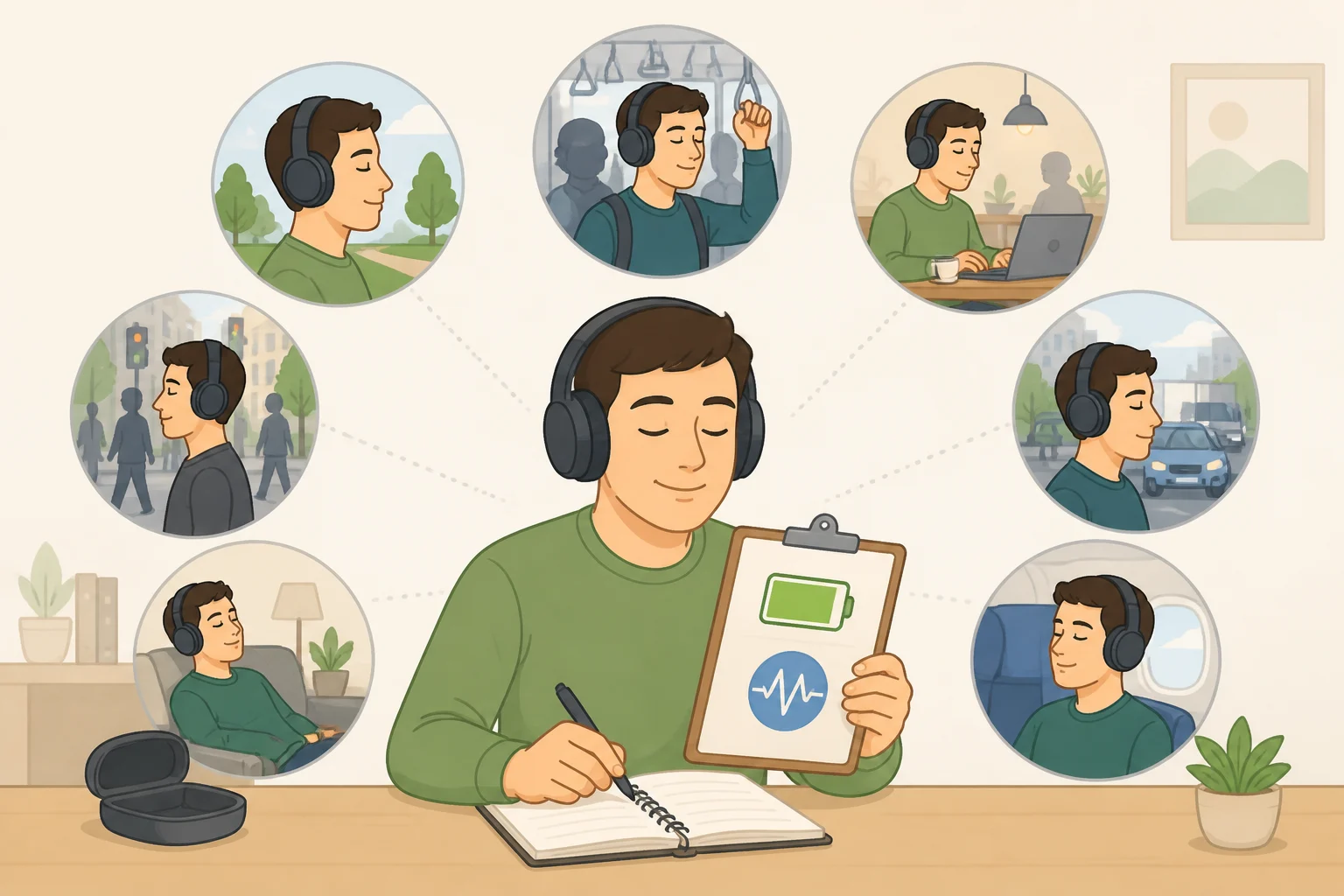 Checklist-style graphic of independent review tests for ANC wired earbuds, including phone battery drain with ANC on, QuietControl performance in busy settings, and remote microphone clarity