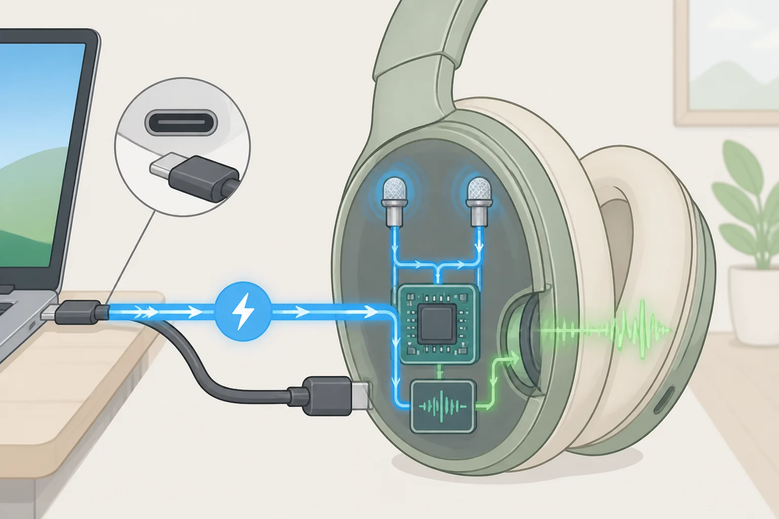 Diagram of Bose Noise Cancelling Wired Earbuds showing microphones feeding QuietControl while audio processing and active noise cancellation draw power from a USB-C host device