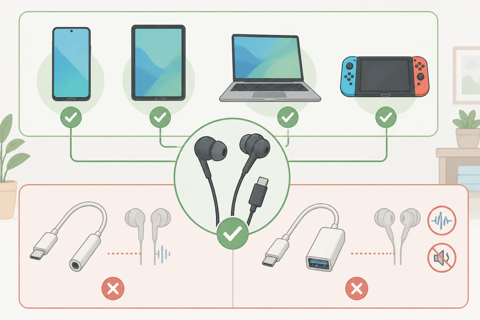 Illustration of a supported-device compatibility diagram for Bose Noise Cancelling Wired Earbuds, highlighting compatible USB-C phones, tablets, and laptops and showing non-USB-C adapters blocked