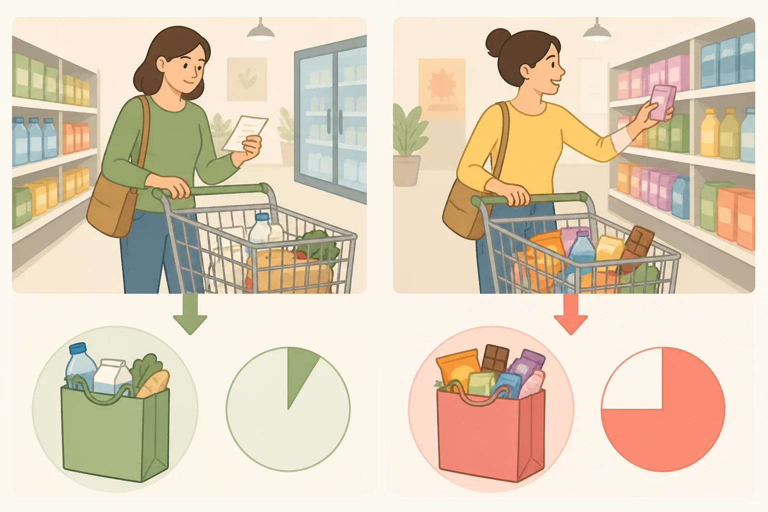 Illustration of a bar chart showing browsing trips versus defined routine trips, highlighting higher odds of unplanned purchases for shoppers without a specific errand in mind
