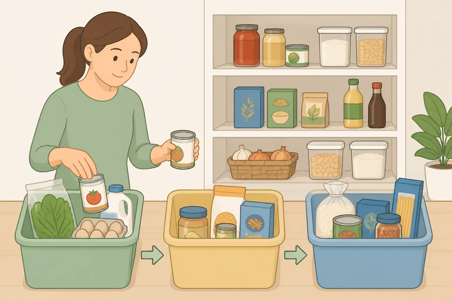 Illustration of a pantry inventory checklist with three labeled bucketsuse first, use soon, and shelf-stableso shoppers can build a backwards shopping grocery list from what they already have