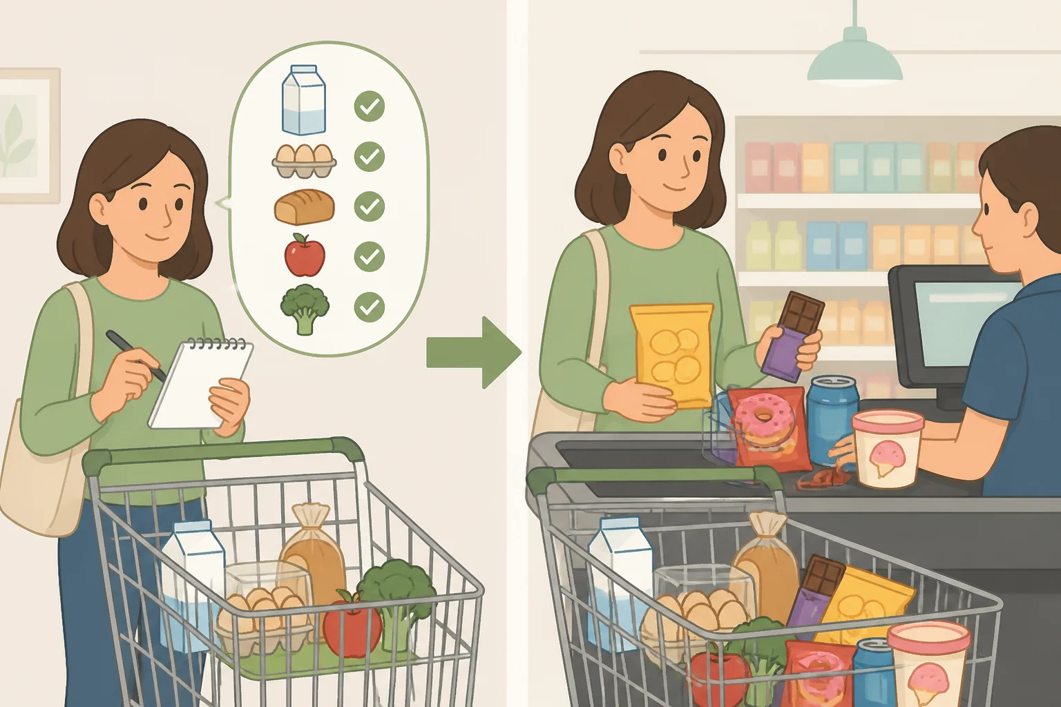 Illustration comparing a gap-only grocery list for staples and meal components against a separate column labeled 'unplanned purchases' from the same trip